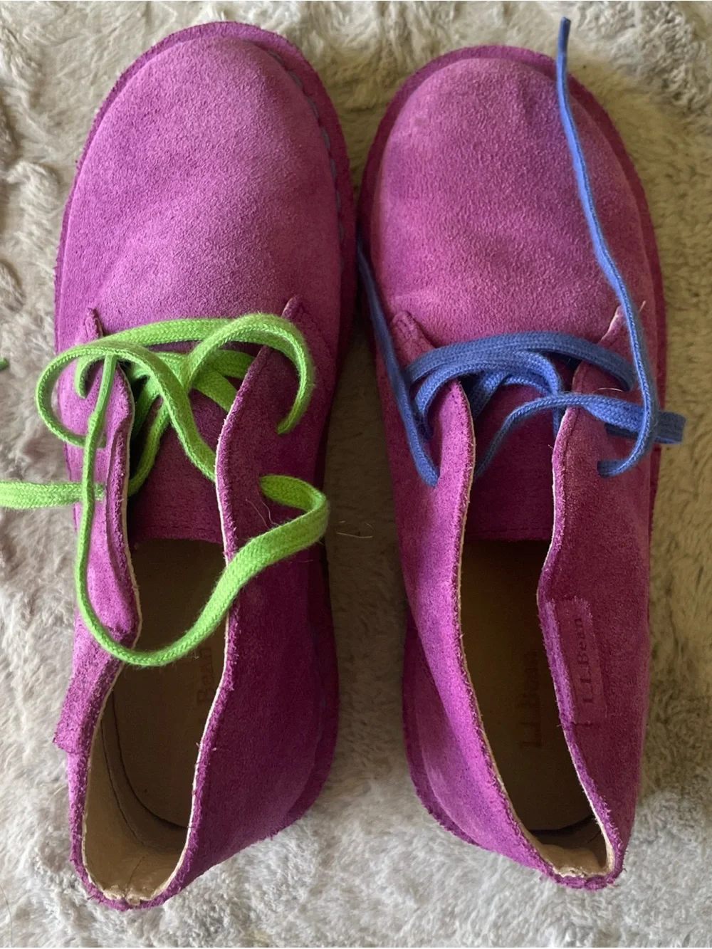 L.L. Bean Kids Fuchsia Suede Desert Boots with Blue and Green Laces